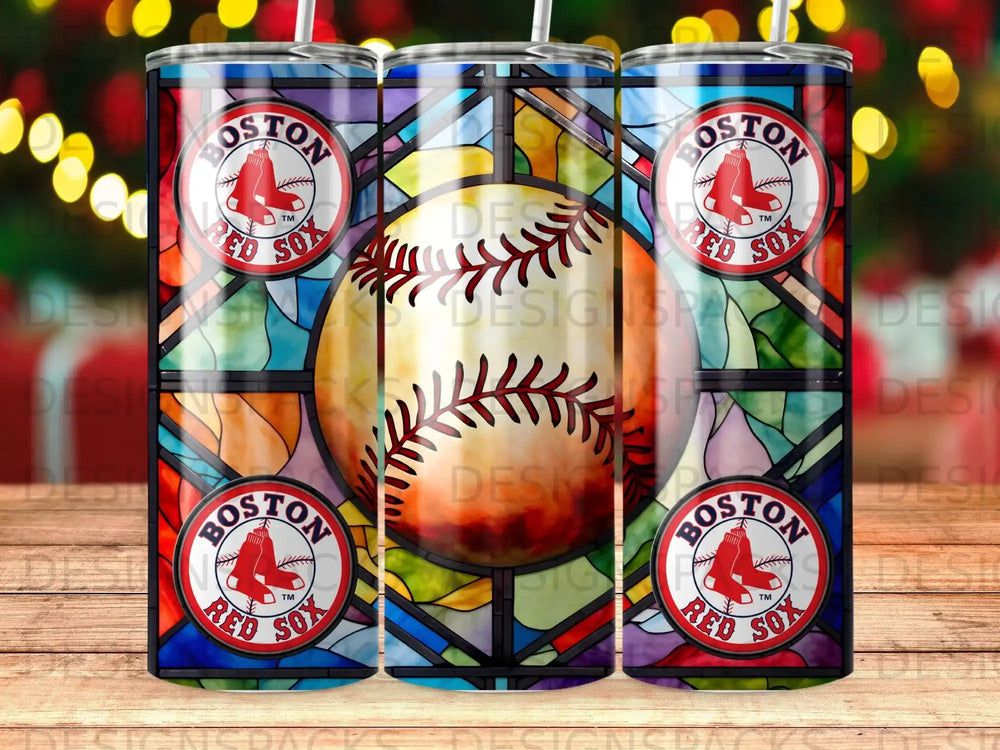Boston Red Sox logo on a stained-glass baseball tumbler.