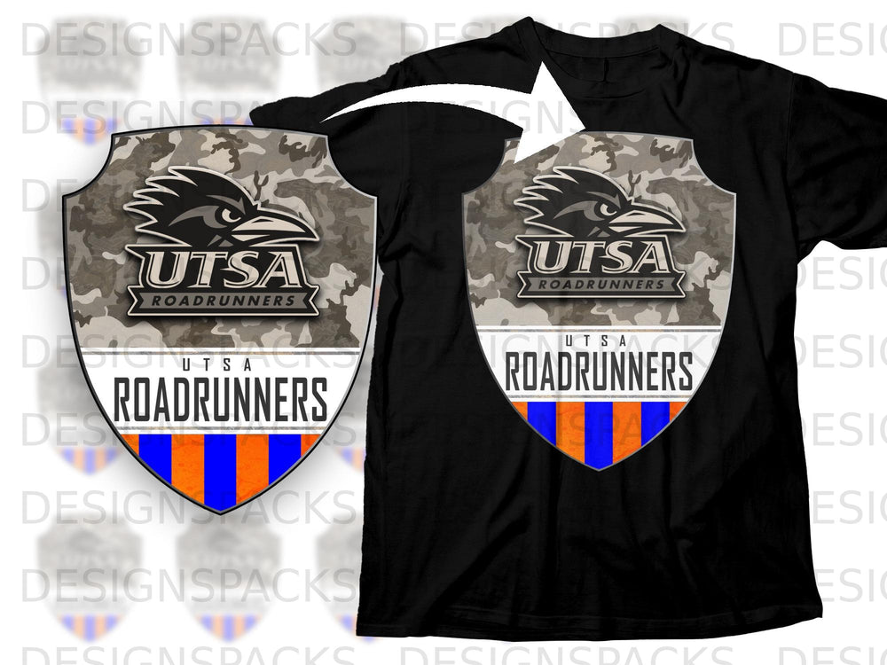 UTSA Roadrunners shield logo with camouflage and blue-orange stripes on black t-shirt.