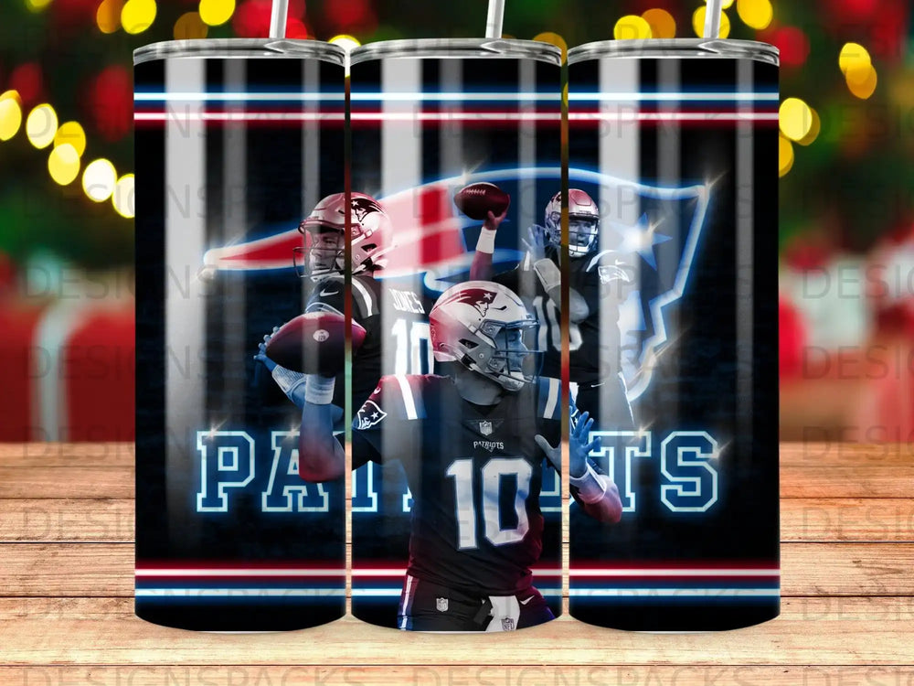 New England Patriots player throws football, with team logo and stripes.