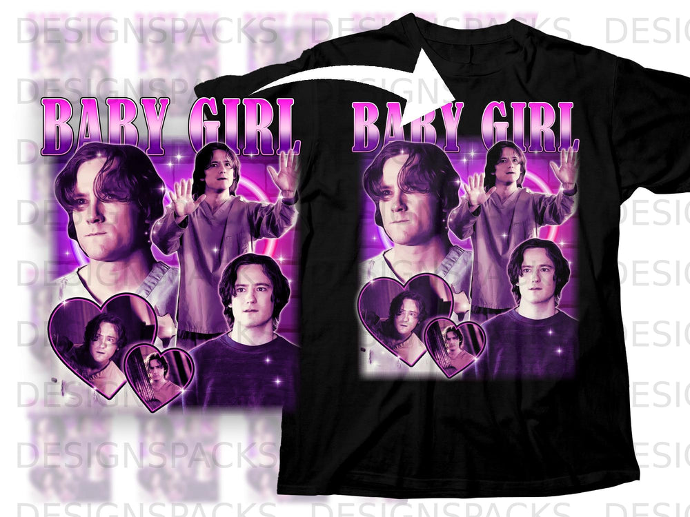 Black t-shirt featuring "Baby Girl" text and three portraits of a young man with dark hair.