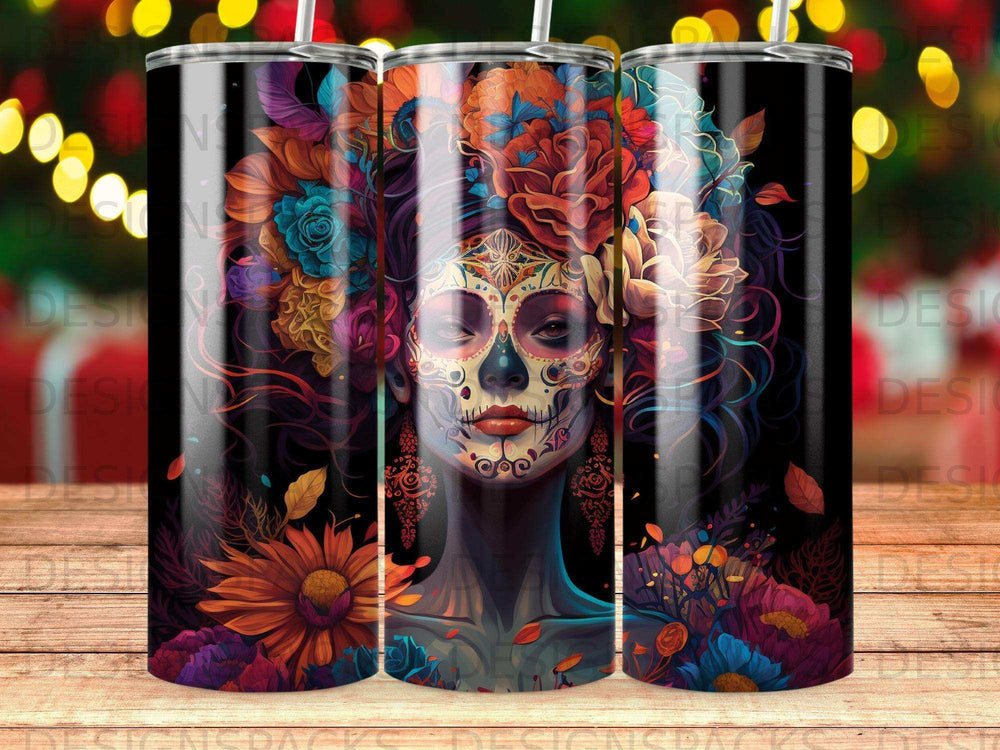 Day of the Dead skull woman with floral headdress and colorful accents.