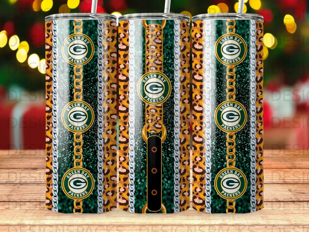 Green Bay Packers tumbler with leopard print and gold chain pattern.
