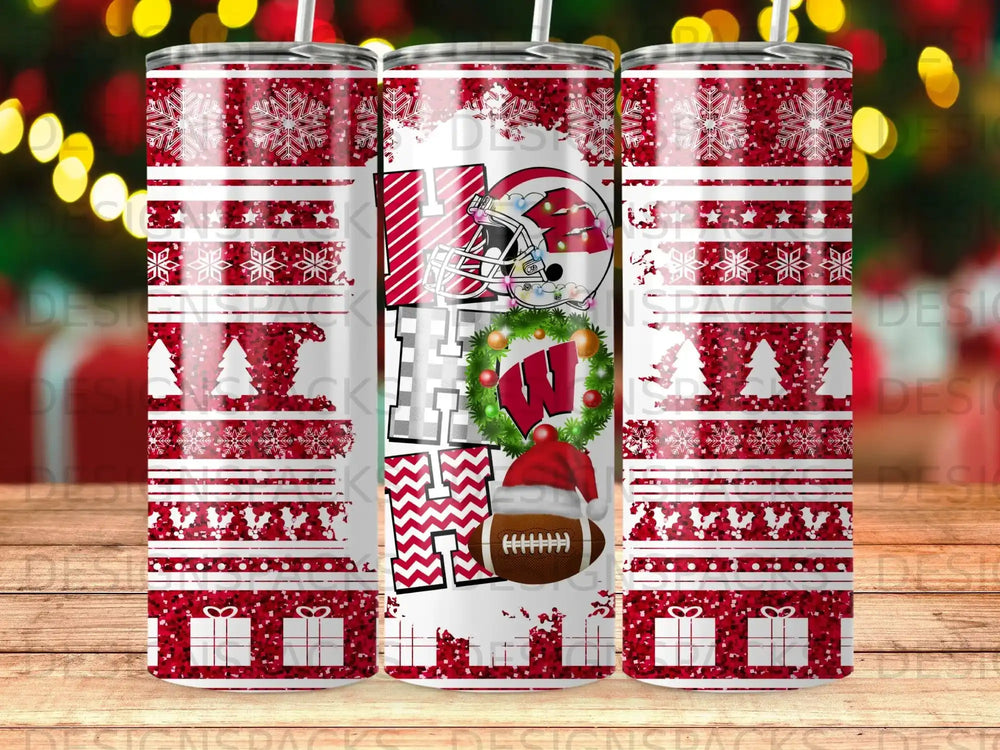"HO HO HO" with a football and Wisconsin Badgers logo on a glittery, snowflake-patterned tumbler.