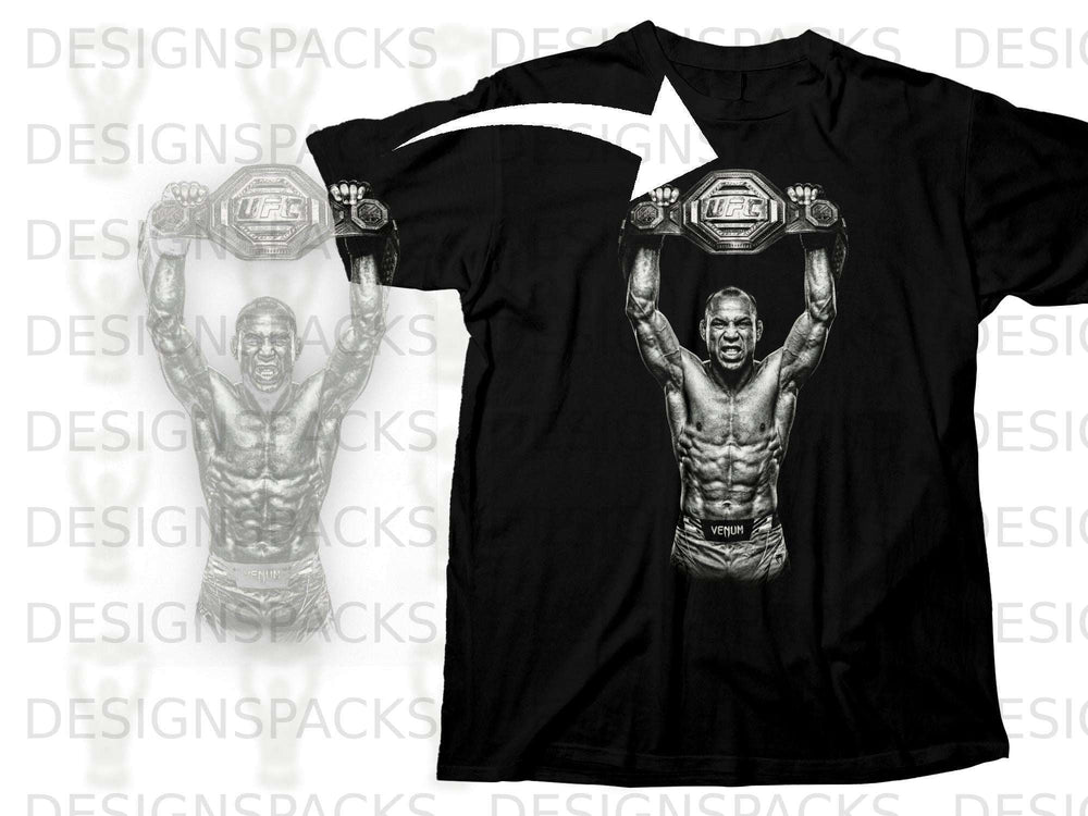 Black t-shirt with graphic of fighter holding UFC belt, Venum shorts.