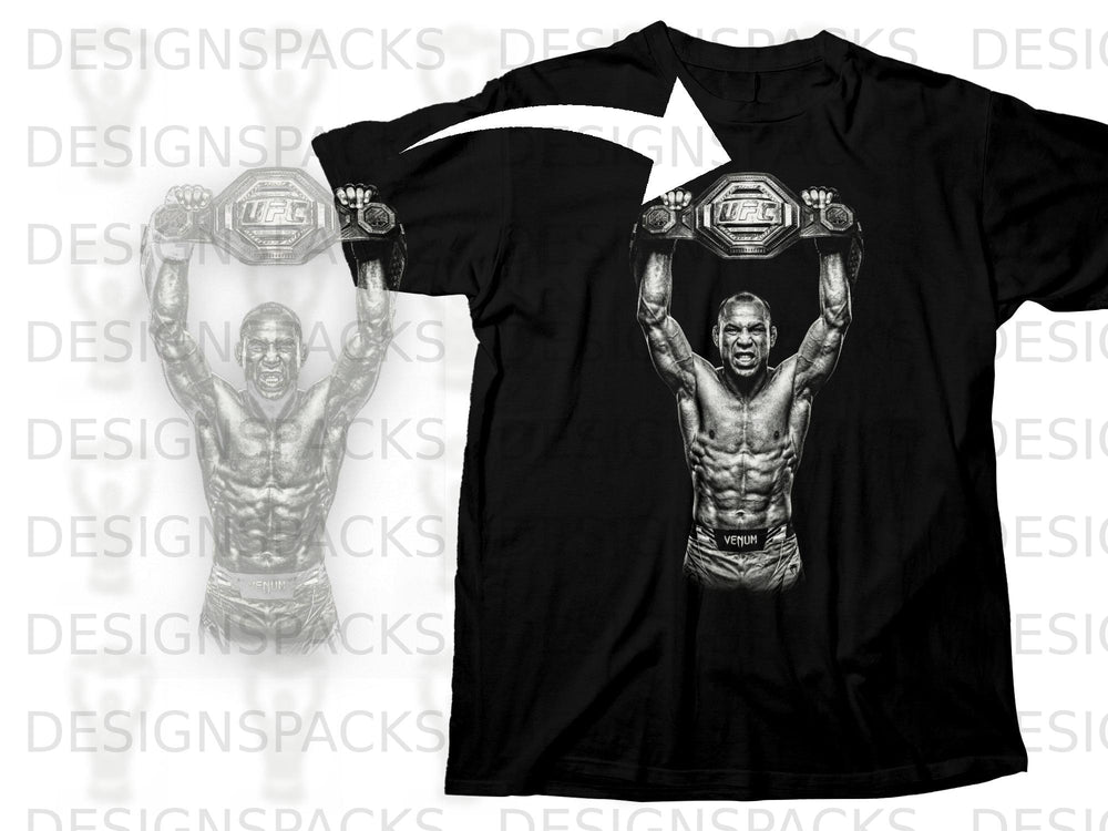 Black t-shirt with graphic of fighter holding UFC belt, Venum shorts.