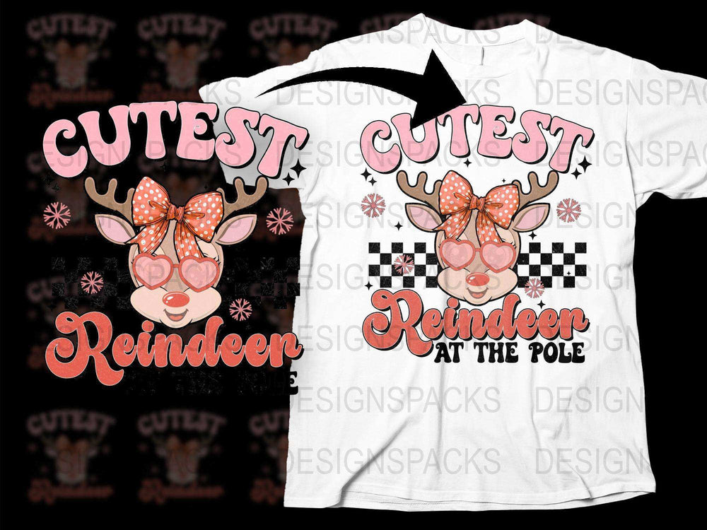 Cute Reindeer T-Shirt, Holiday Christmas Tee, Checkered Bow, Antlers, Winter Fashion for Children and Adults