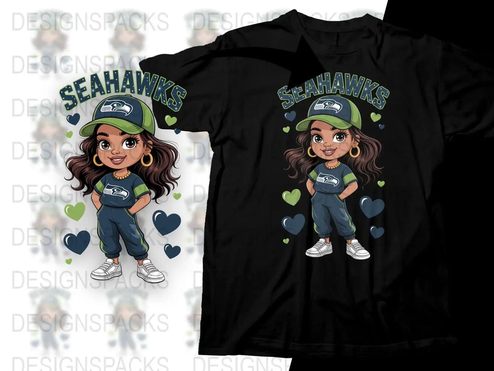 Cute Seahawks Fan Girl Graphic T-Shirt, Trendy Sports Team Support Tee, Fun Game Day Apparel for Kids and Adults