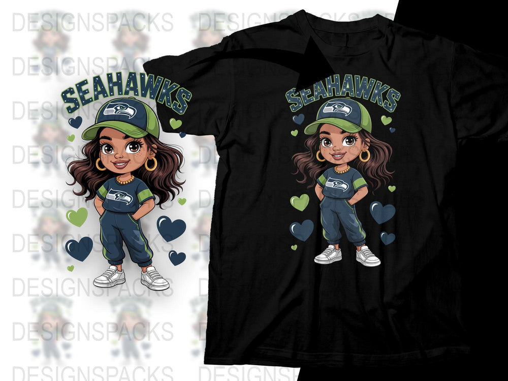 Cute Seahawks Fan Girl Graphic T-Shirt, Trendy Sports Team Support Tee, Fun Game Day Apparel for Kids and Adults