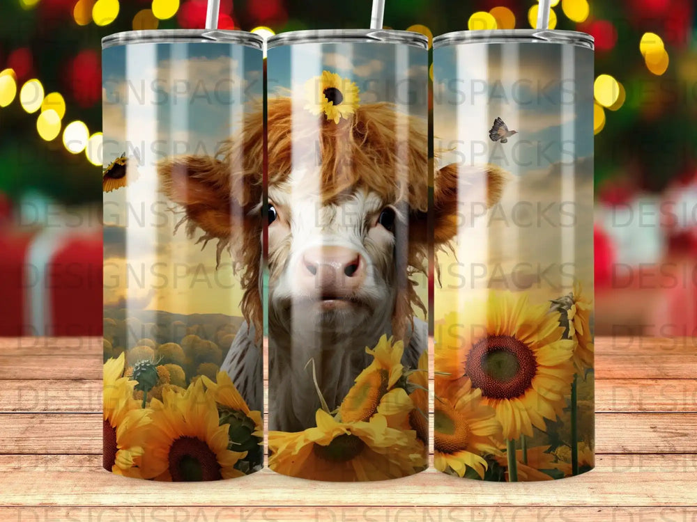 Highland cow with sunflowers on a tumbler with bokeh lights.