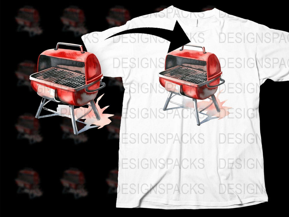 Unique BBQ Grill Graphic T-Shirt, Red Portable Barbecue Design, Casual Summer Cookout Apparel