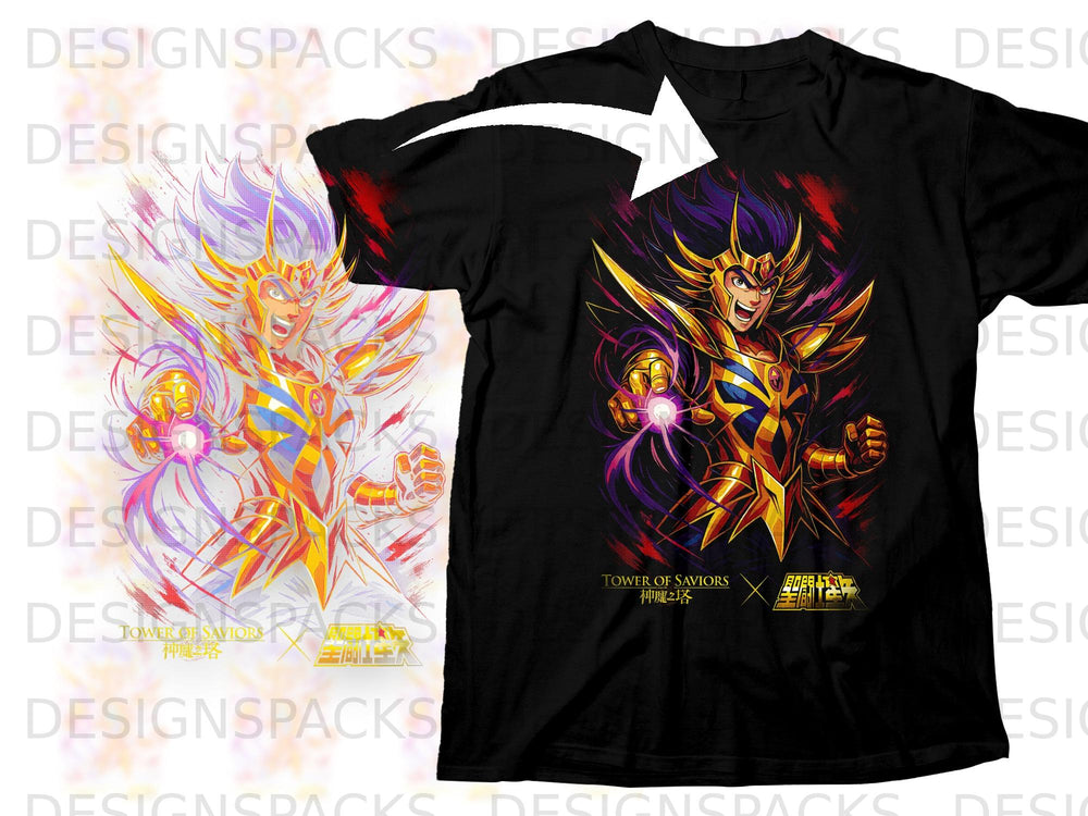 Black t-shirt featuring a golden armored character with purple and pink accents, holding a glowing orb.