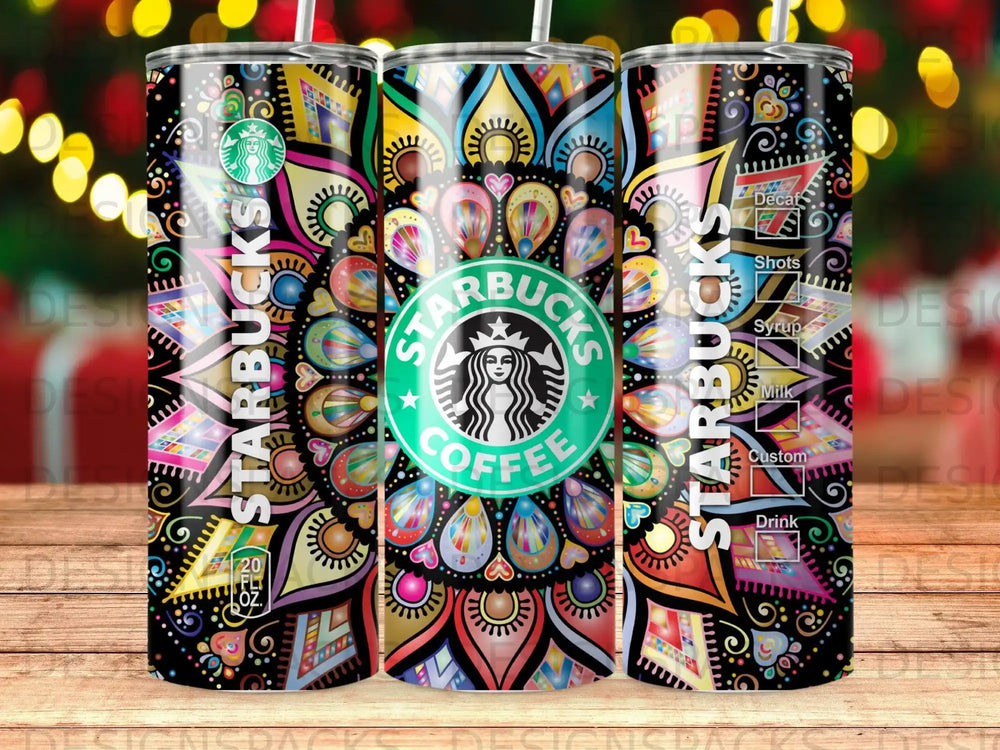 Starbucks tumbler with colorful mandala design and coffee drink options.