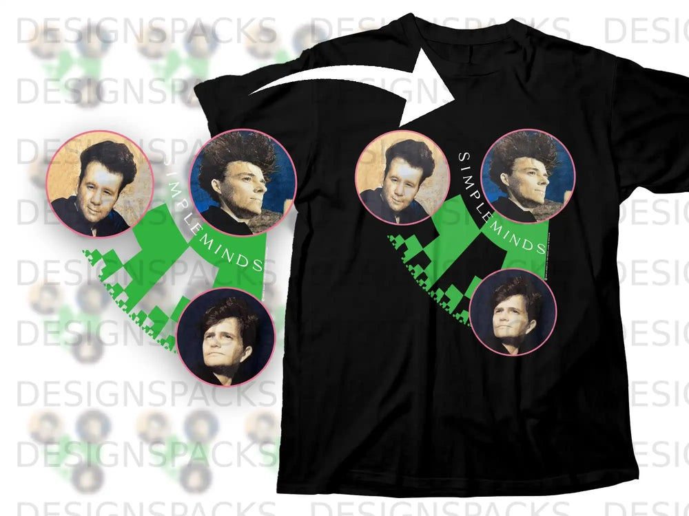 Black t-shirt featuring Simple Minds logo and Jim Kerr's portrait.