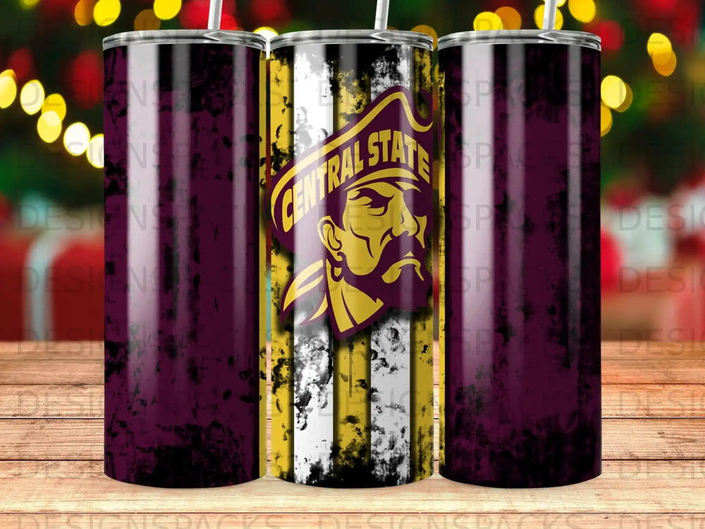 Central State University mascot logo on maroon and gold striped tumbler.