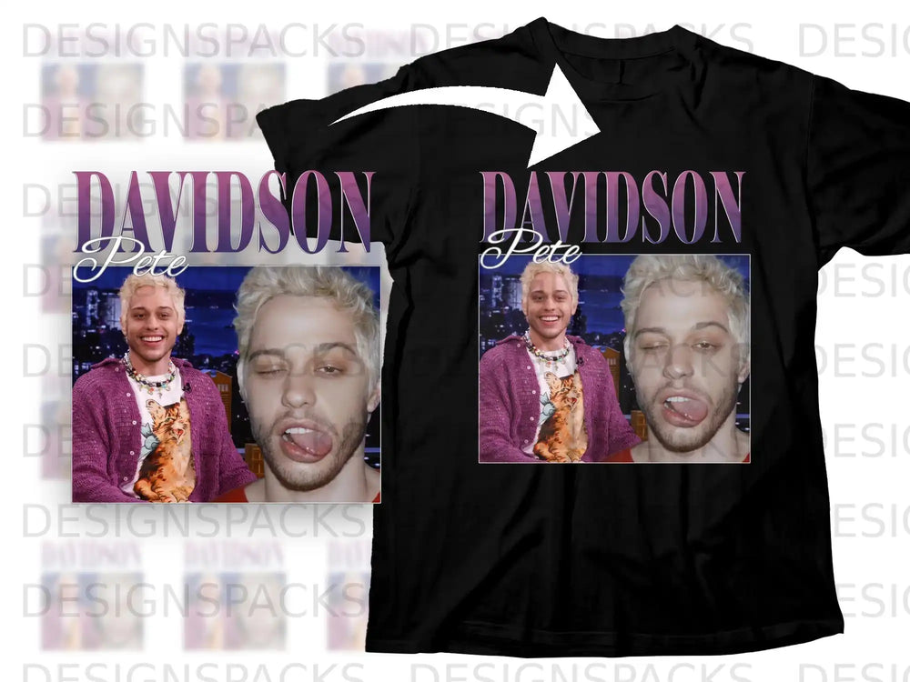 Black t-shirt with "DAVIDSON PETE" text and a collage of Pete Davidson.