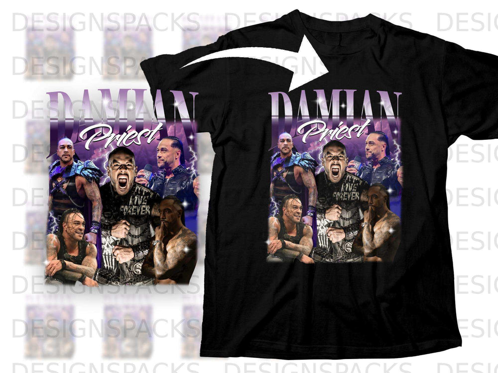 Black t-shirt featuring wrestler Damian Priest with "LIVE FOREVER" text.