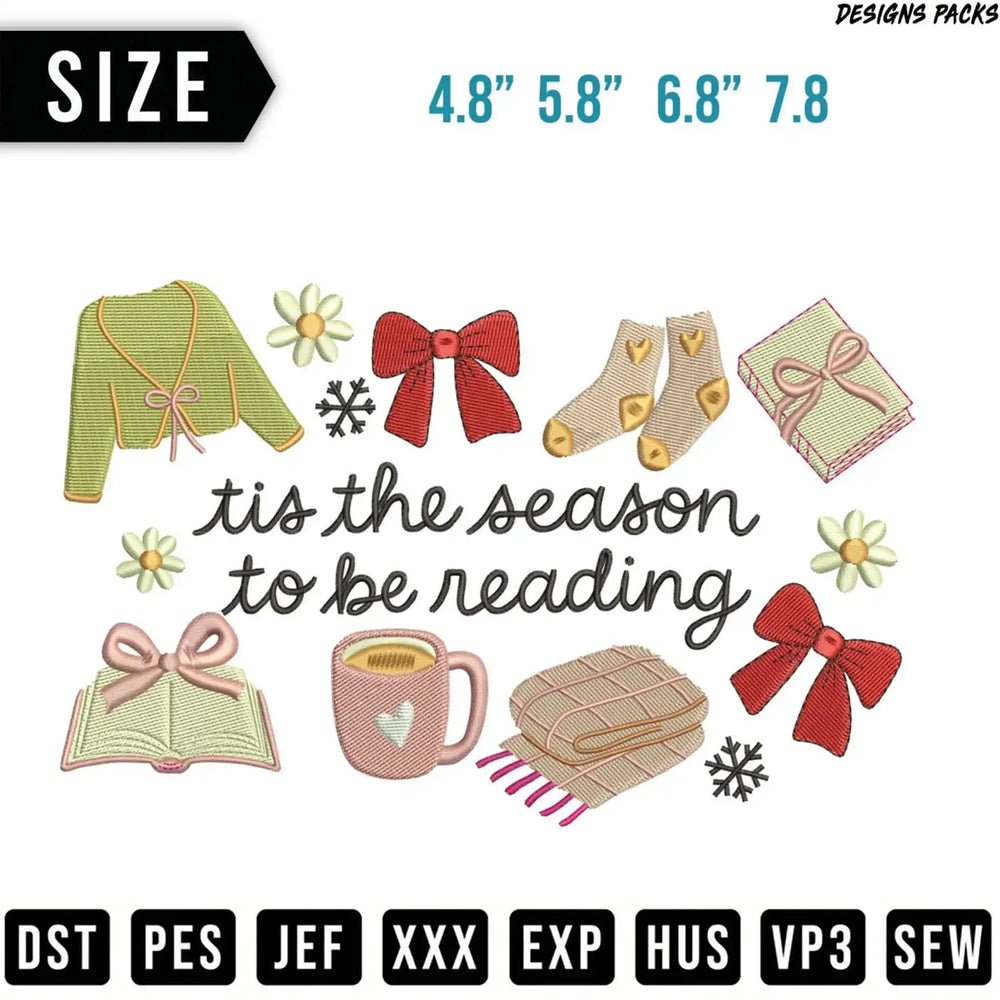 Embroidery designs for a book, mug, and seasonal phrases, with sizes and file formats.
