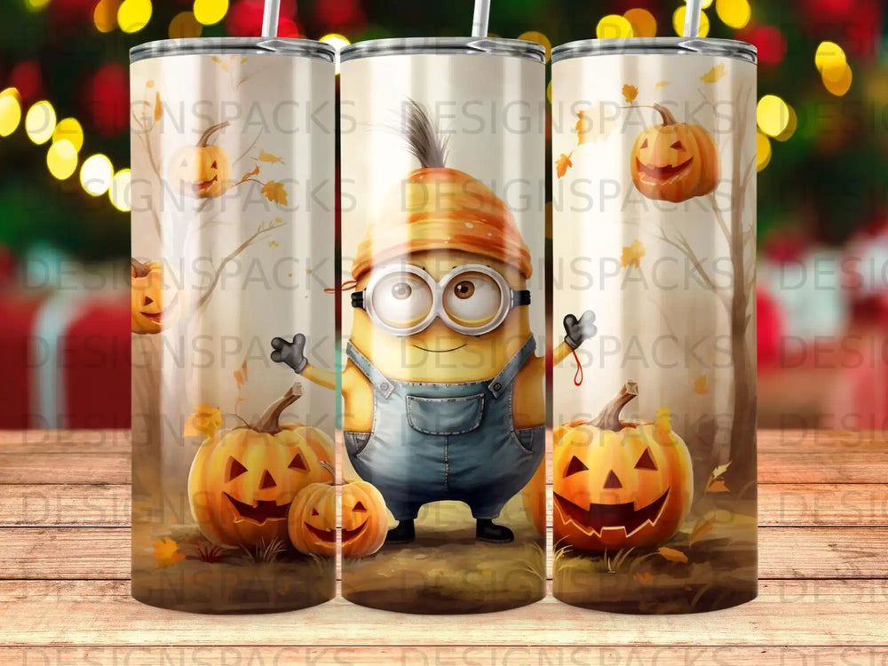 Minion character with pumpkins, seamless Halloween pattern on tumblers.