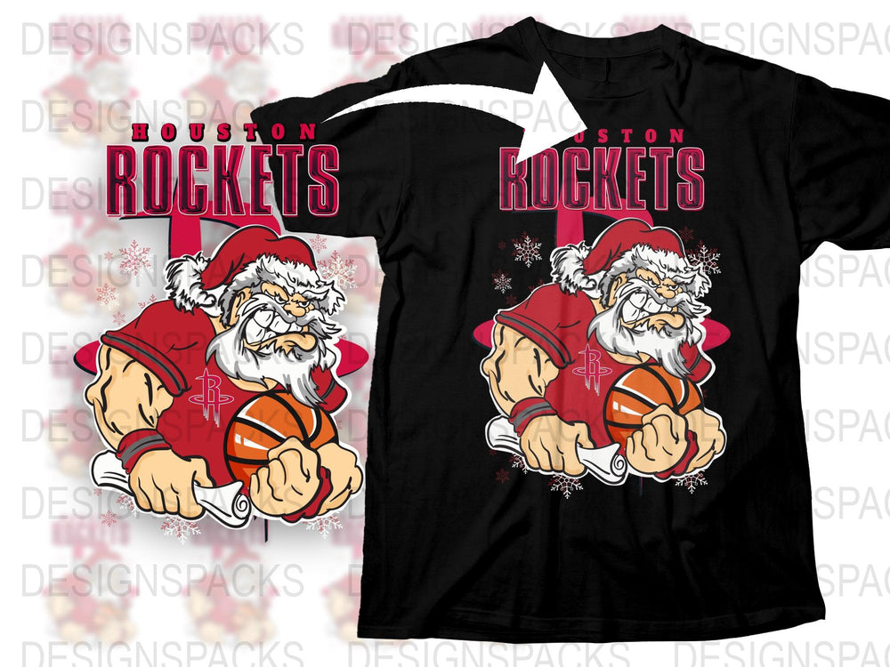 Houston Rockets Santa Claus Christmas T-Shirt, Festive Holiday Graphic Tee, Basketball Fan Gift, Winter Apparel