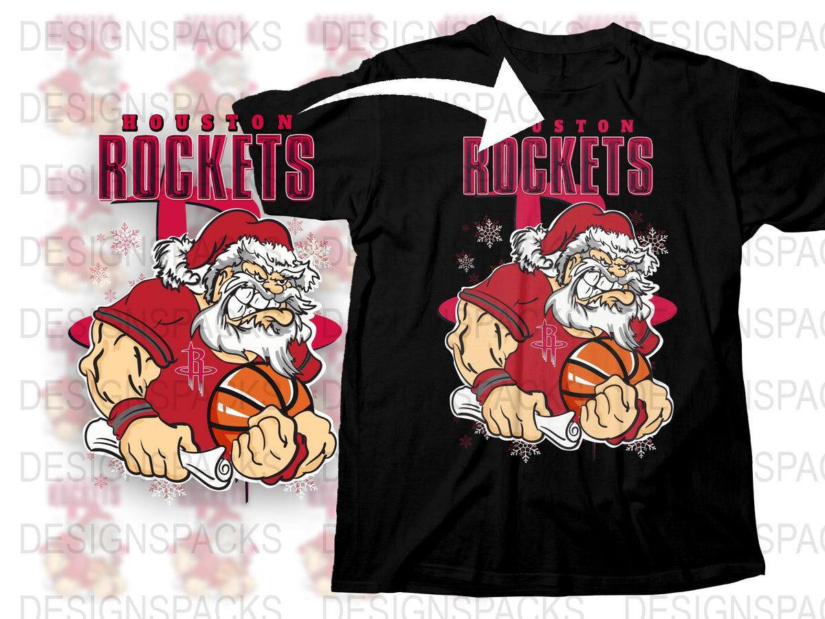 Houston Rockets Santa Claus Christmas T-Shirt, Festive Holiday Graphic Tee, Basketball Fan Gift, Winter Apparel