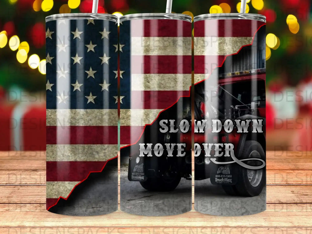 American flag and truck with "Slow Down Move Over" text and phone number.