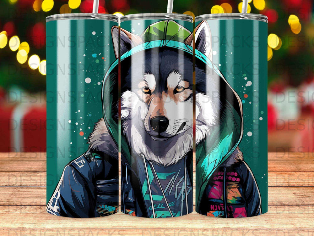 Wolf in a hooded sweatshirt, detailed digital illustration.