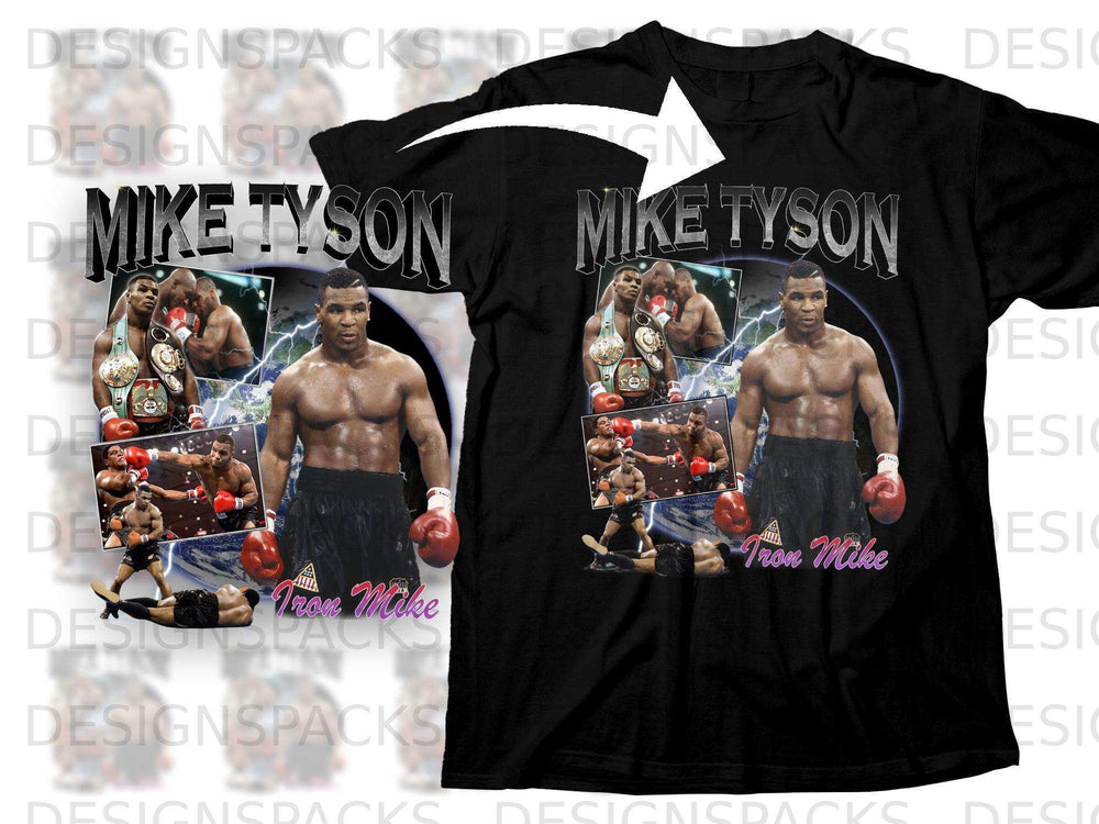Black t-shirt with graphic of Mike Tyson and collage of boxing photos.