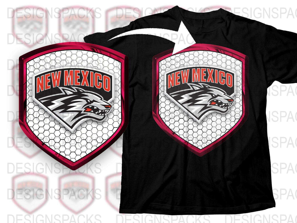 New Mexico Wolf Graphic T-Shirt, Hexagon Pattern, Bold Red and Black Design, Casual Wear