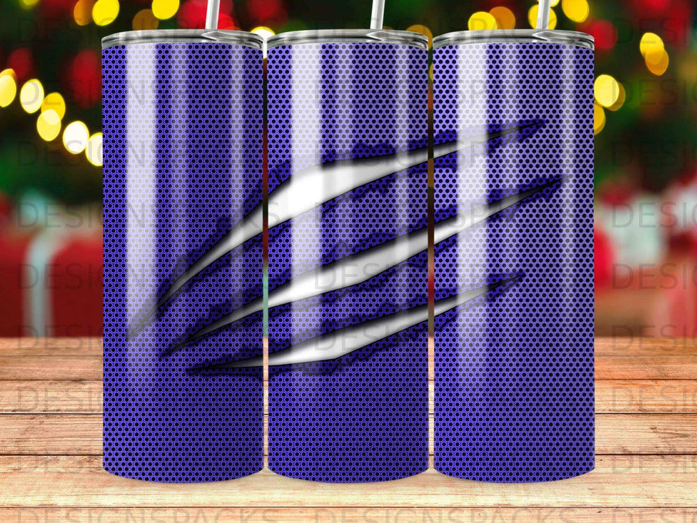 Purple tumbler with metallic mesh pattern and silver claw marks.