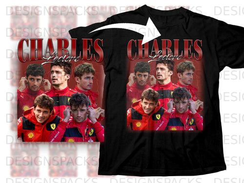 Charles Leclerc collage graphic on black t-shirt.