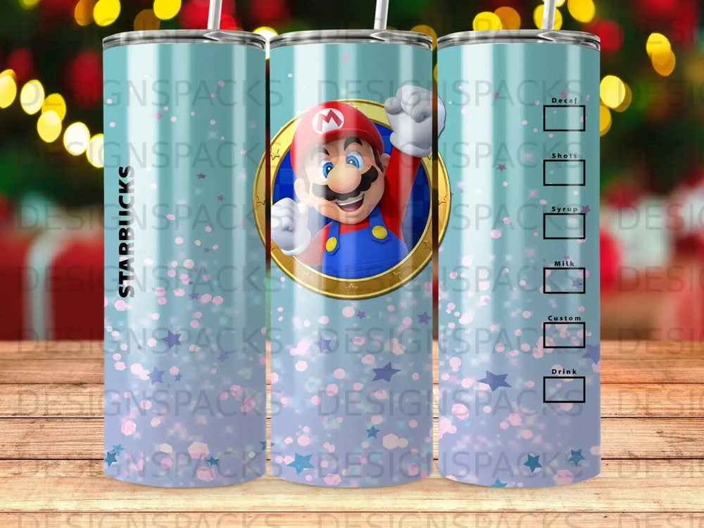Mario character on a Starbucks-themed tumbler with drink customization labels.