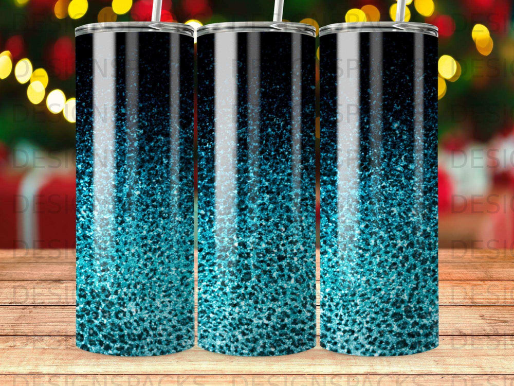 Three tumblers with a gradient teal glitter pattern.