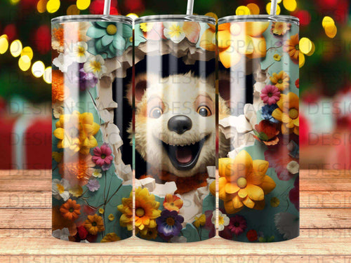 Smiling dog peeking through a floral tear in a wall.