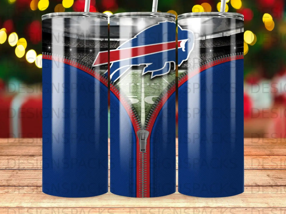 Buffalo Bills zipper design on a blue tumbler with stadium background.