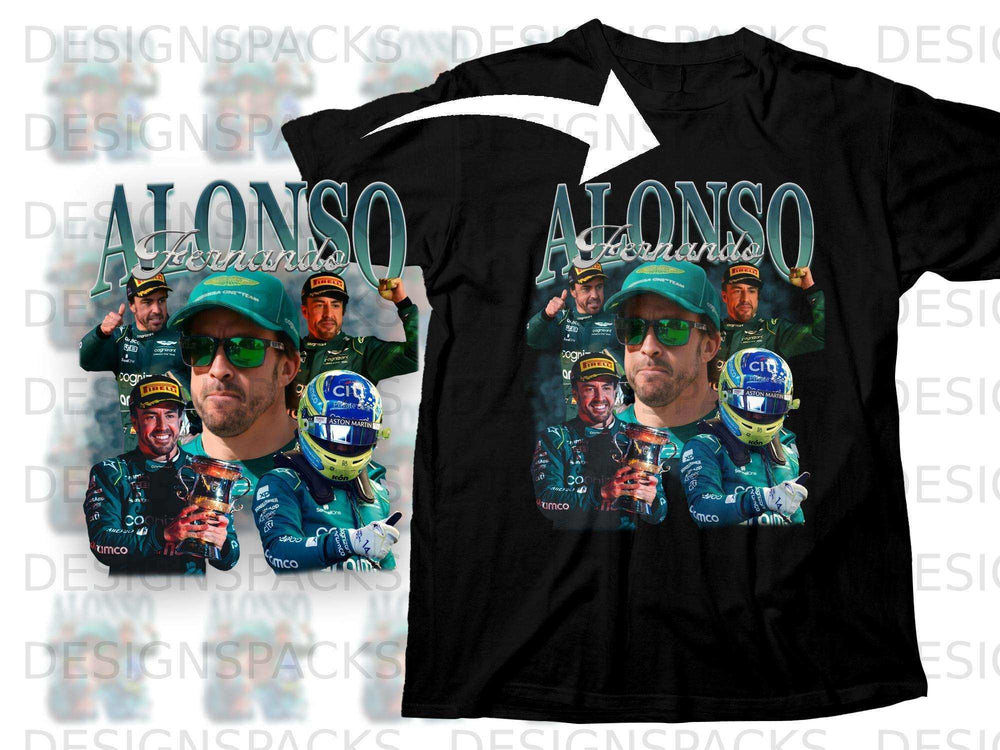Fernando Alonso Aston Martin t-shirt with team logos and driver portrait.
