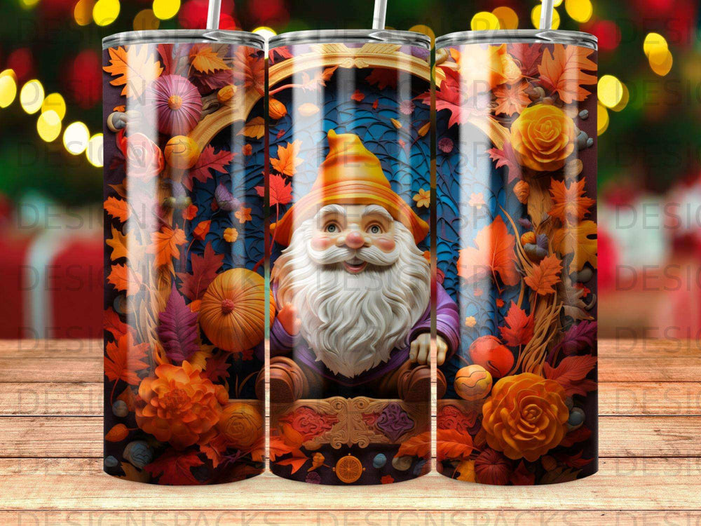 Gnome with pumpkins and autumn leaves on a fall-themed tumbler.