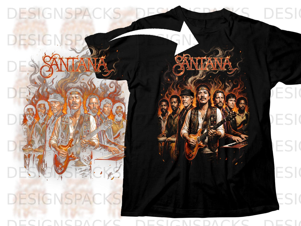 Santana band members with guitars and drums on a black t-shirt.