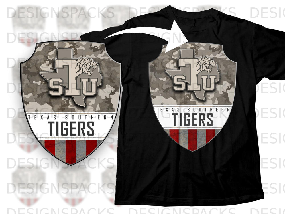 Texas Southern Tigers shield with camouflage, tiger, and stripes on black t-shirt.