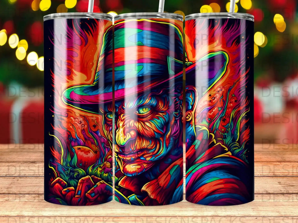 Freddy Krueger portrait with fiery background on a patterned tumbler.