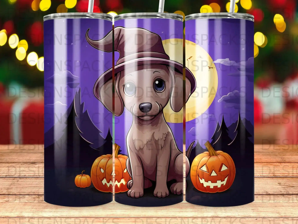 Puppy in witch hat with pumpkins and moon, Halloween theme.