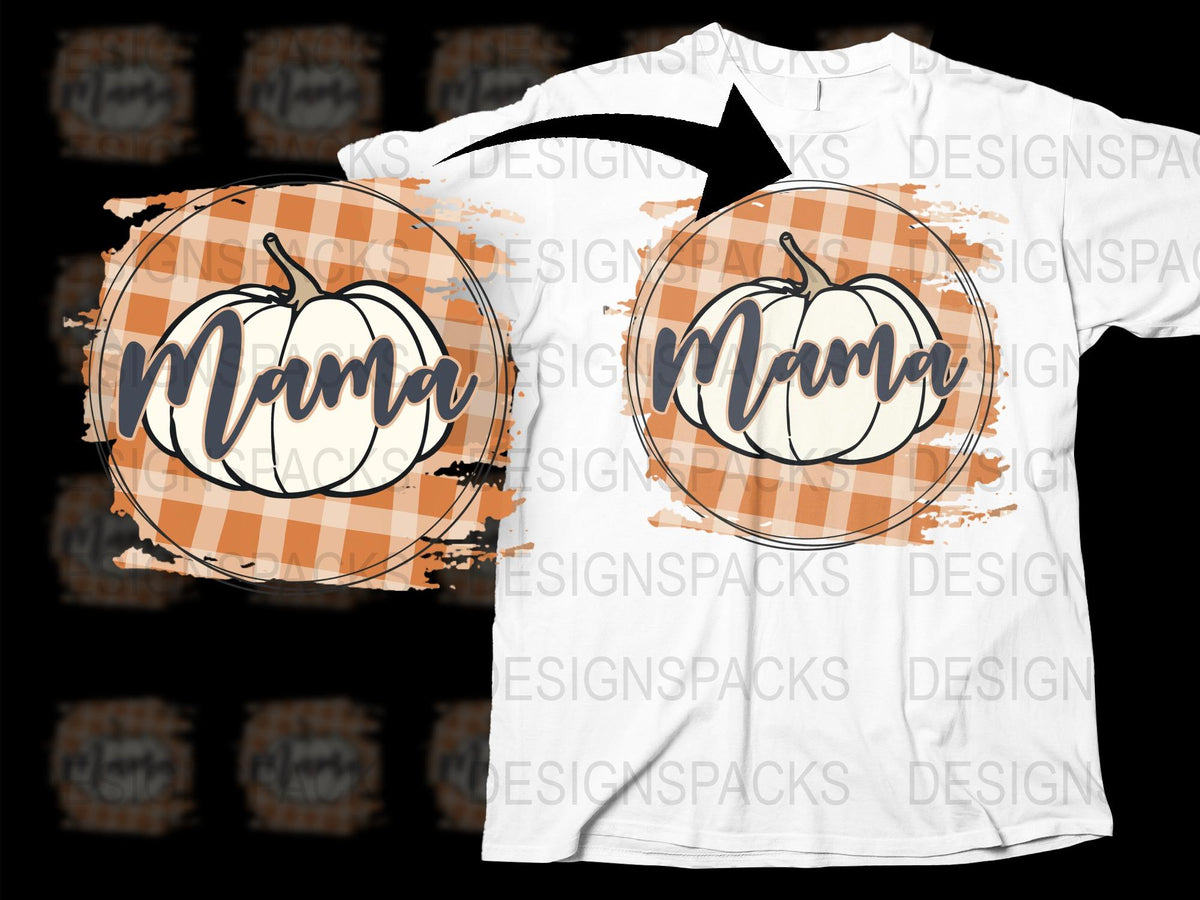 Mama Pumpkin Fall T-Shirt, Orange Plaid Thanksgiving Tee, Autumn Graphic Shirt for Women, Casual Holiday Fashion Top