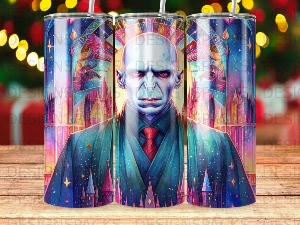 Voldemort character with magical castle background on tumbler.