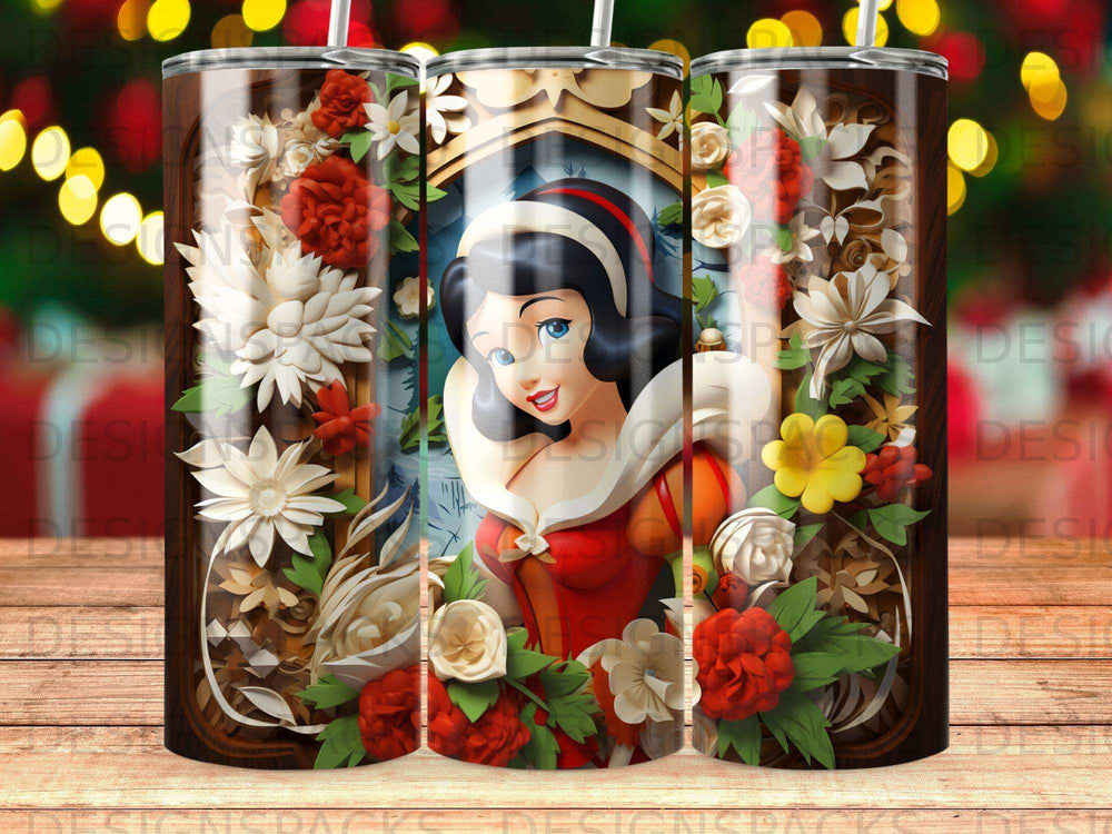 Snow White with flowers and wooden frame, featuring detailed floral elements.