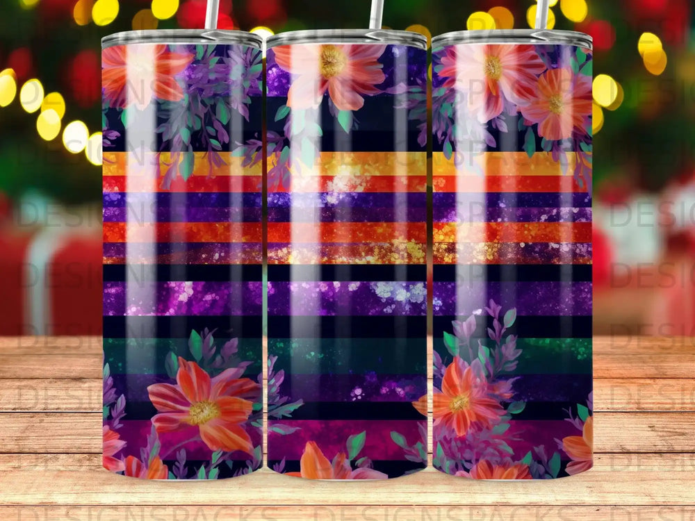 Floral pattern with orange flowers and purple foliage on striped background.