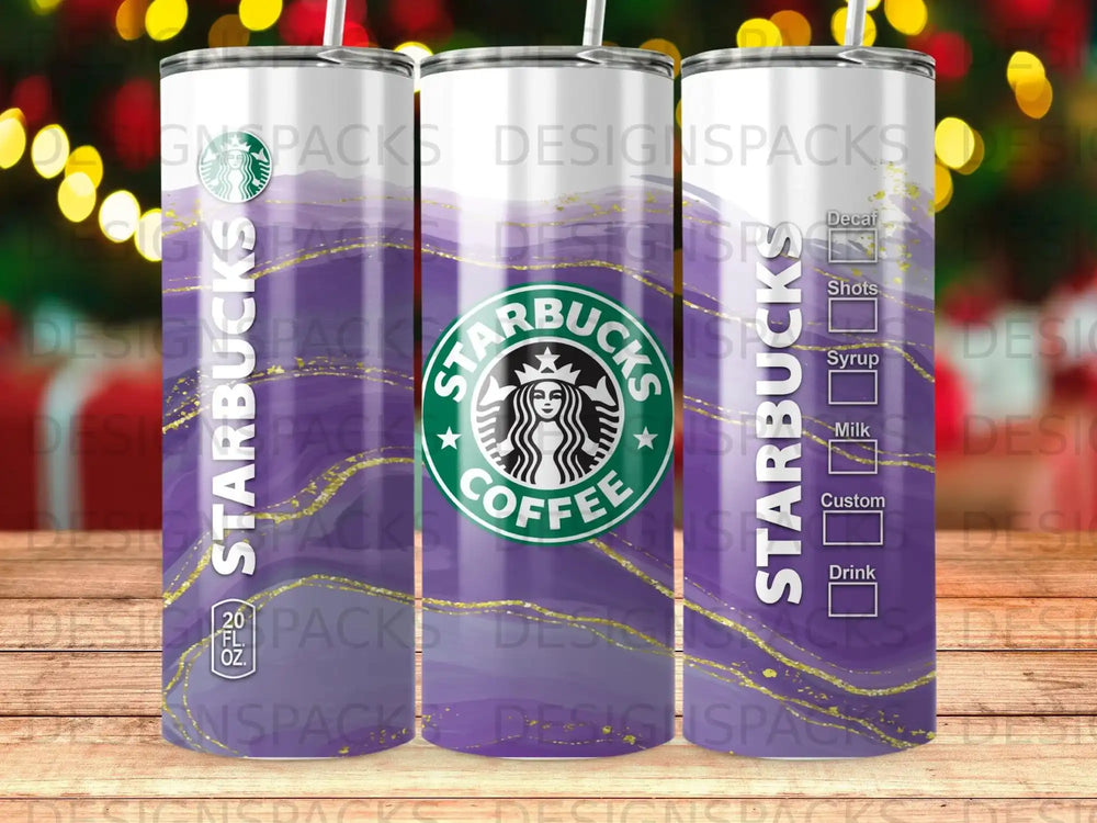 Starbucks tumbler with coffee menu options and 20 fl oz label.