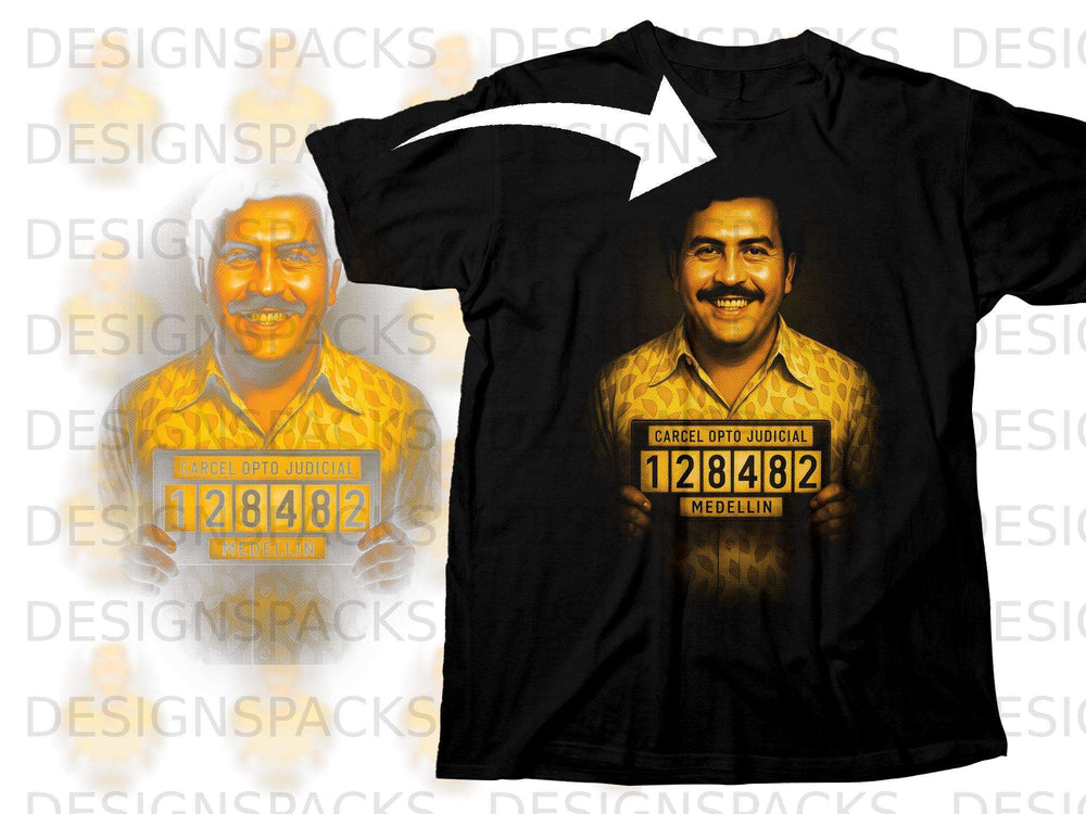 Pablo Escobar mugshot shirt with text "128482 MEDELLIN".