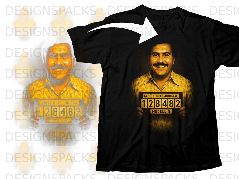 Pablo Escobar mugshot shirt with text "128482 MEDELLIN".
