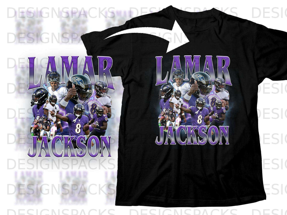 Baltimore Ravens Lamar Jackson graphic t-shirt with player images.