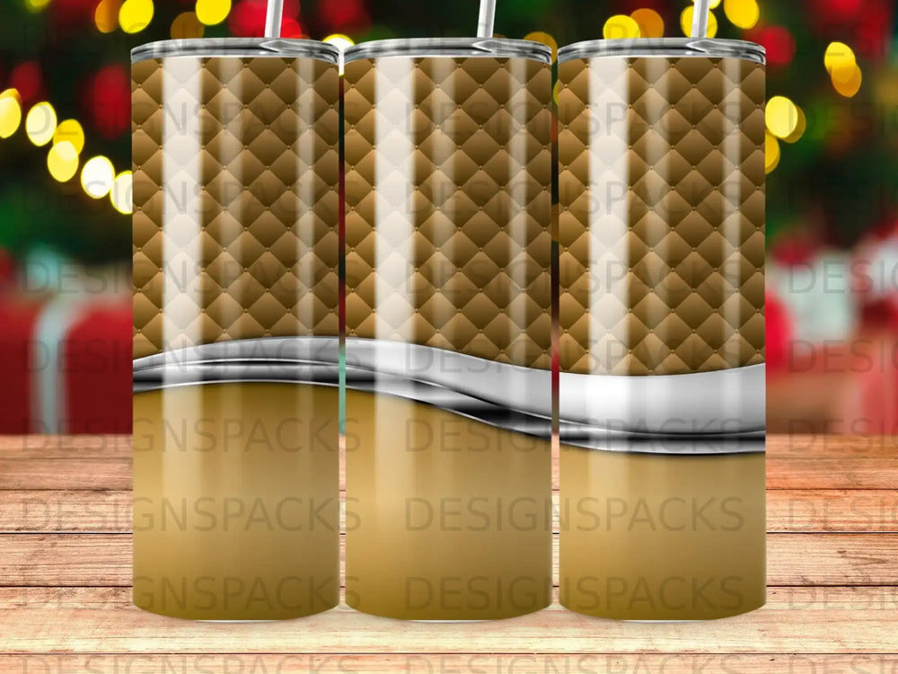 Quilted brown tumbler with silver band, featuring repeating "DESIGNSPACKS" watermark.