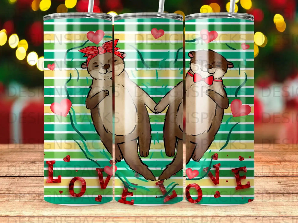 Two otters holding hands with "LOVE" text on a green, red, and white striped background.